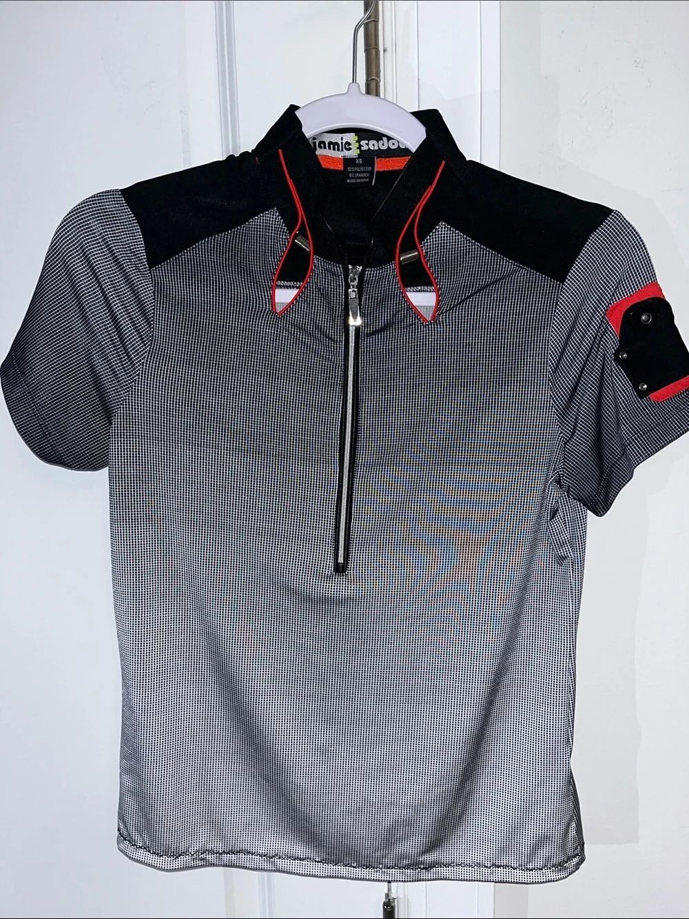 Jamie Sadock‎ Womens Black Gray Red Geometric Cap Sleeve Golf Polo Shirt XS